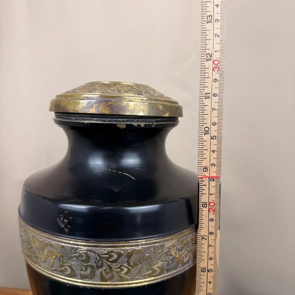 Vintage Black Metal Cremation Urn Silver Cross and Brass Band 12.5in Halloween